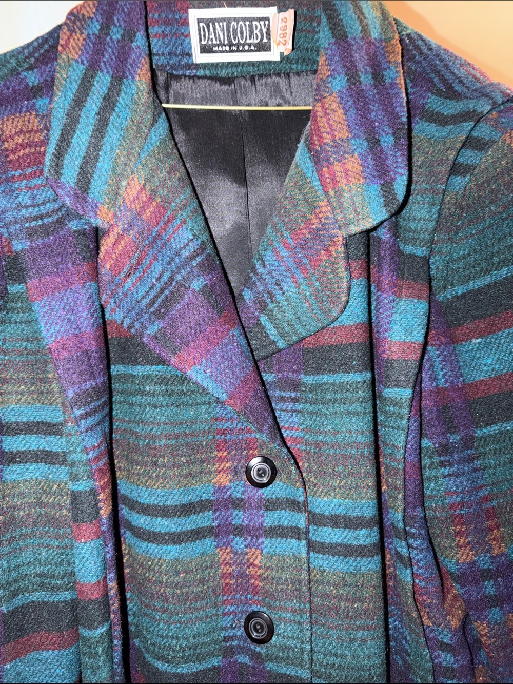 Vintage Dani Colby Teal/Plaid Wool Pea Coat- Stored.  Was dry cleaned years ago.